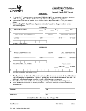 University of Cincinnati Warrant Direct Deposit Authorization