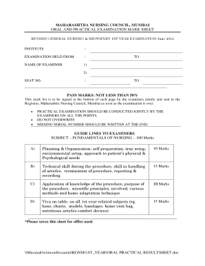 Maharashtra Nursing Council Oral Practical Exam Mark Sheet