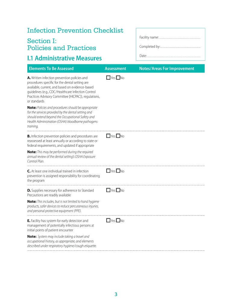 Fillable Online cdc Infection Prevention Checklist for Dental Settings