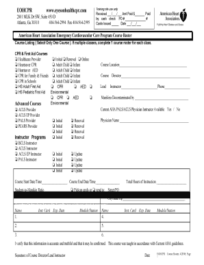 American Heart Association CPR Course Roster