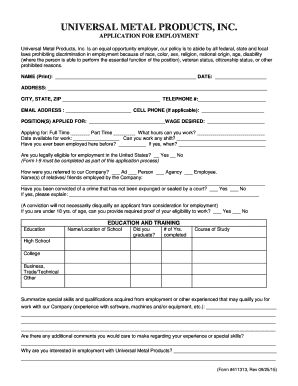 Universal Metal Products Employment Application