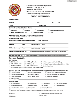 Compliance & Safety Management DOT Drug Testing Form