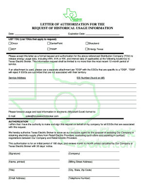 Letter of Authorization for Historical Usage Information