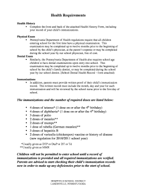 Pennsylvania School Health Requirements Form