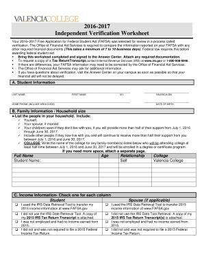 2016-2017 Independent Verification Worksheet