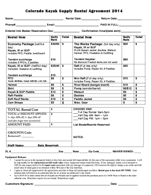 Colorado Kayak Supply Rental Agreement