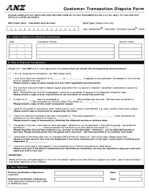 ANZ Credit Card Transaction Dispute Form