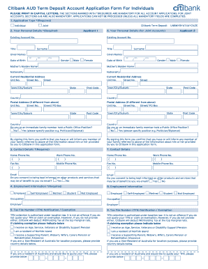 Citibank AUD Term Deposit Account Application Form