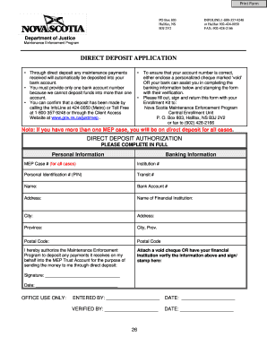 Nova Scotia Direct Deposit Application