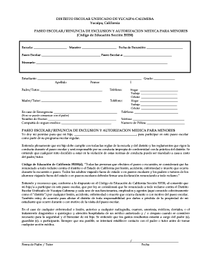 PASEO ESCOLAR / RENUNCIA DE EXCLUSION Y AUTORIZACION MEDICA PARA MENORES