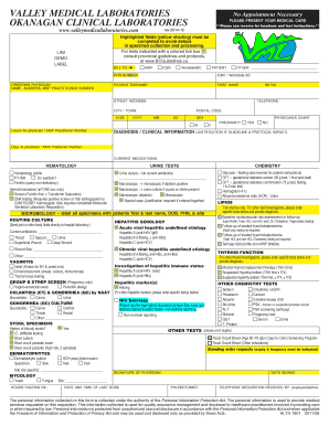 Valley Medical Laboratories Test Requisition Form