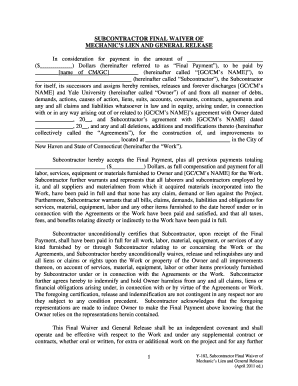 Subcontractor Final Waiver of Mechanic's Lien and General Release
