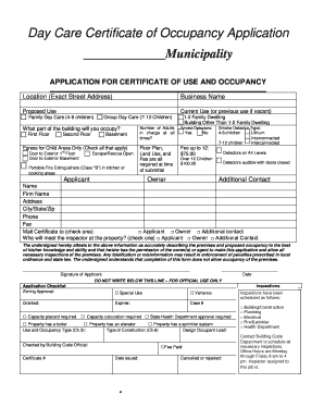 Day Care Certificate of Occupancy Application
