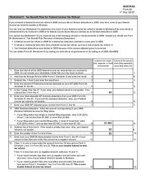 Montana Form W Worksheet II - Tax Benefit Rule
