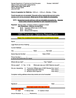 GED Transcript/Diploma Request Form
