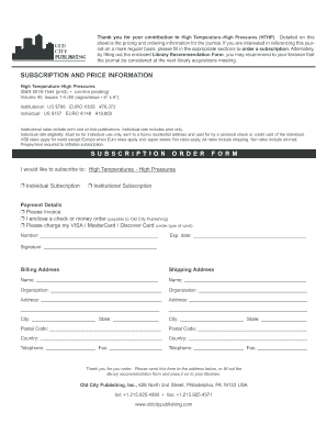 High Temperature–High Pressures Subscription Form