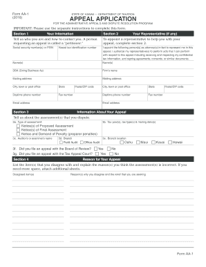 Hawaii Tax Appeal Application Form AA-1
