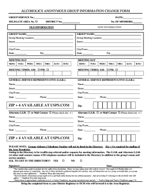 Alcoholics Anonymous Group Information Change Form