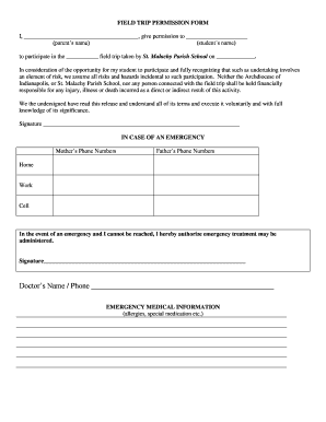 FIELD TRIP PERMISSION FORM I, , give permission to (parents name) (students name) to participate in the field trip taken by St - stmalachy