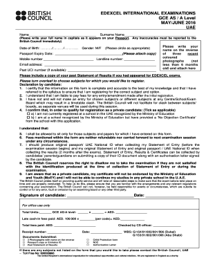 Edexcel GCE AS/A Level Exam Entry Form