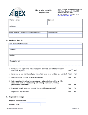 Umbrella Liability Insurance Application