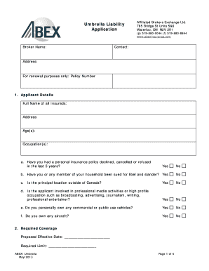 Umbrella Liability Insurance Application