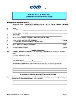 Administration Assistant Employment Application Form