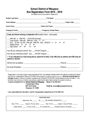 School District of Waupaca Bus Registration Form