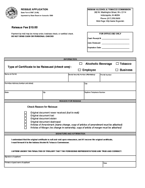 Indiana Alcohol & Tobacco Reissue Application