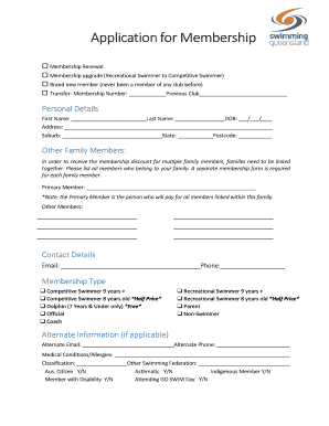 Swimming Club Membership Application