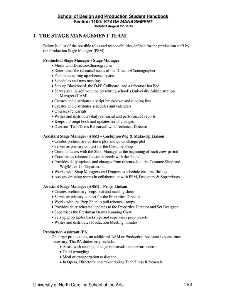 Fillable Online faculty uncsa Stage Management Handbook faculty uncsa