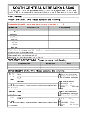 Family Emergency Form & Emergency Treatment Authorization
