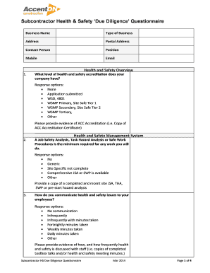 Subcontractor Health & Safety Due Diligence Questionnaire