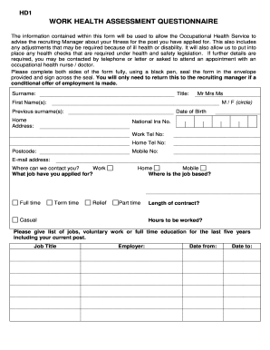 Work Health Assessment Questionnaire