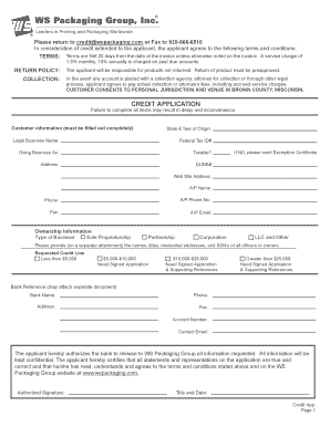 WS Packaging Group Credit Application