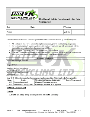 Health and Safety Questionnaire for Subcontractors