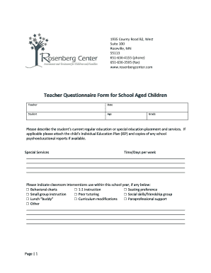 Teacher Questionnaire Form for School Aged Children