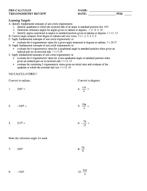 PRE-CALCULUS NAME TRIGONOMETRY REVIEW DATE PER - www2 d125