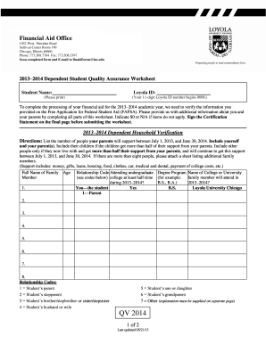 2013–2014 Dependent Student Quality Assurance Worksheet
