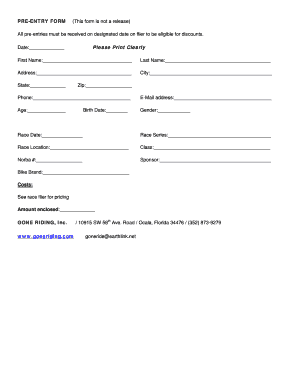 Pre-Entry Form for Race Registration