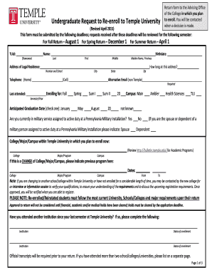 Undergraduate Request to Re-enroll to Temple University