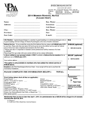 Psychologists Association of Alberta Member Renewal Notice