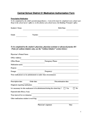Central School District 51 Medication Authorization Form