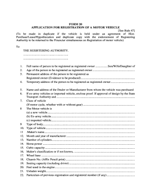 Form 20 Motor Vehicle Registration Application