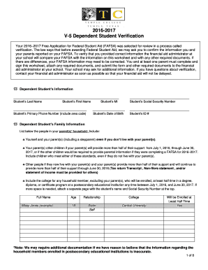 2016-2017 Dependent Student Verification Form
