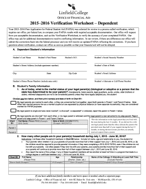 2015–2016 Verification Worksheet – Dependent