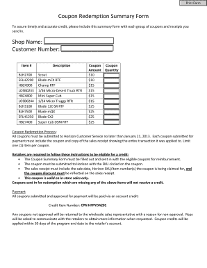 Coupon Redemption Summary Form Shop Name Customer Number