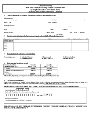 Emory University Student Insurance Plan Continuation Form