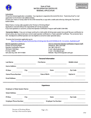 Utah Water Operator Certificate Renewal Application