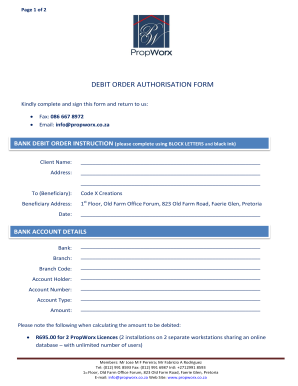 DEBIT ORDER AUTHORISATION FORM - Propworx Home - propworx co